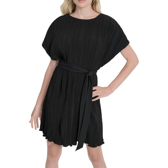 DKNY Womens Black Pleated Mini Dress With Belt - Size 14 Casual Coctail Party - Picture 2 of 10